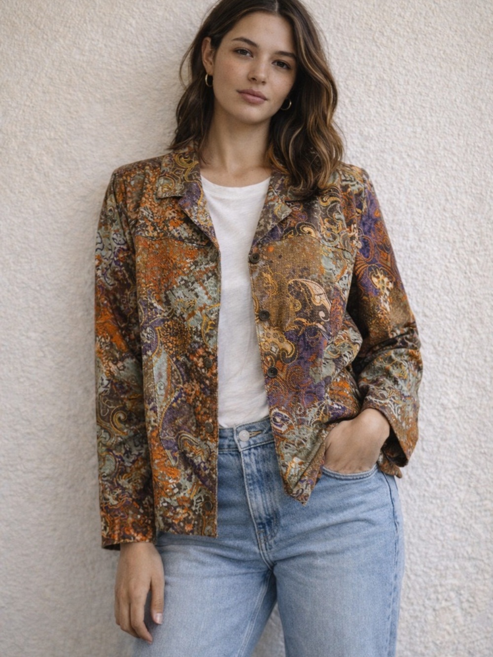 Christopher & Banks Paisley Patchwork Jacket S Boho Button Front Stretch Blazer